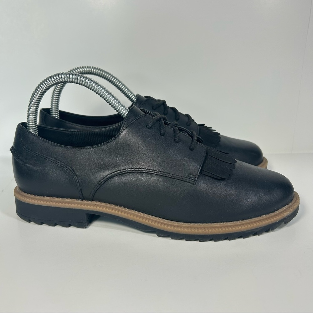 Clark’s Sumerset Griffen Mabel Fringe Kiltie Black Leather Chunky Shoe Women’s 8
